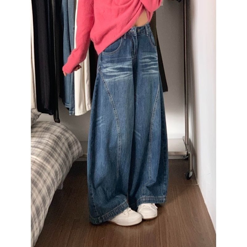 小个子美式复古阔腿牛仔裤设计感百搭150CM高腰宽松直筒弯刀裤女