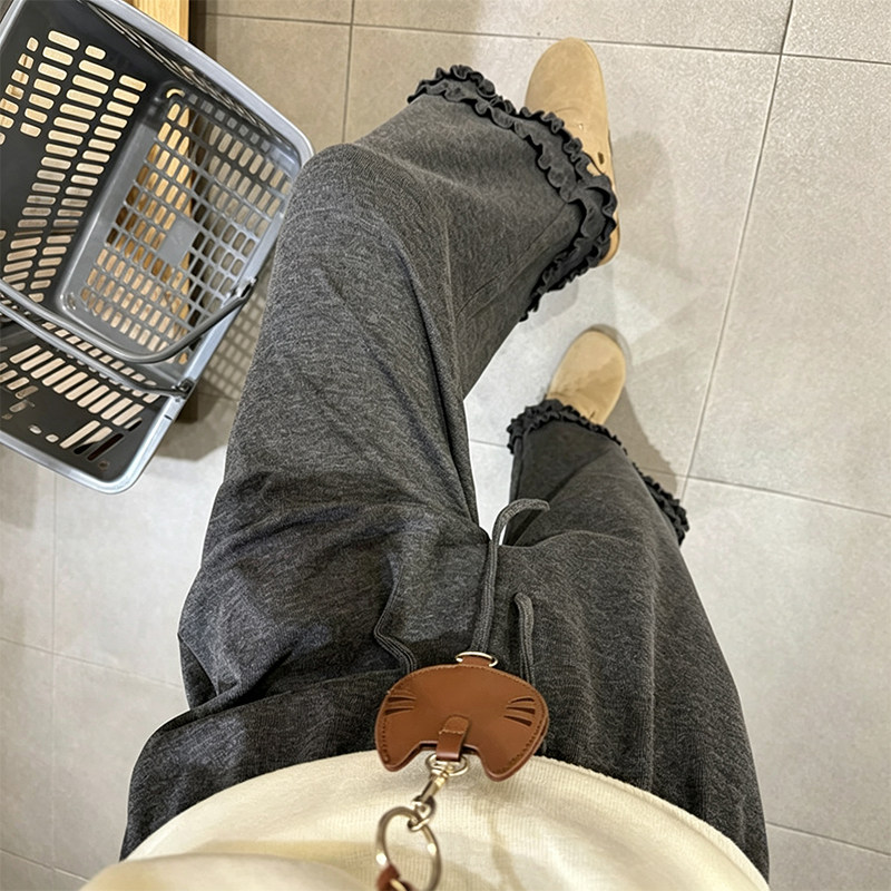 甜妹穿搭小个子深灰色木耳边阔腿裤针织糯米裤显瘦直筒休闲九分裤