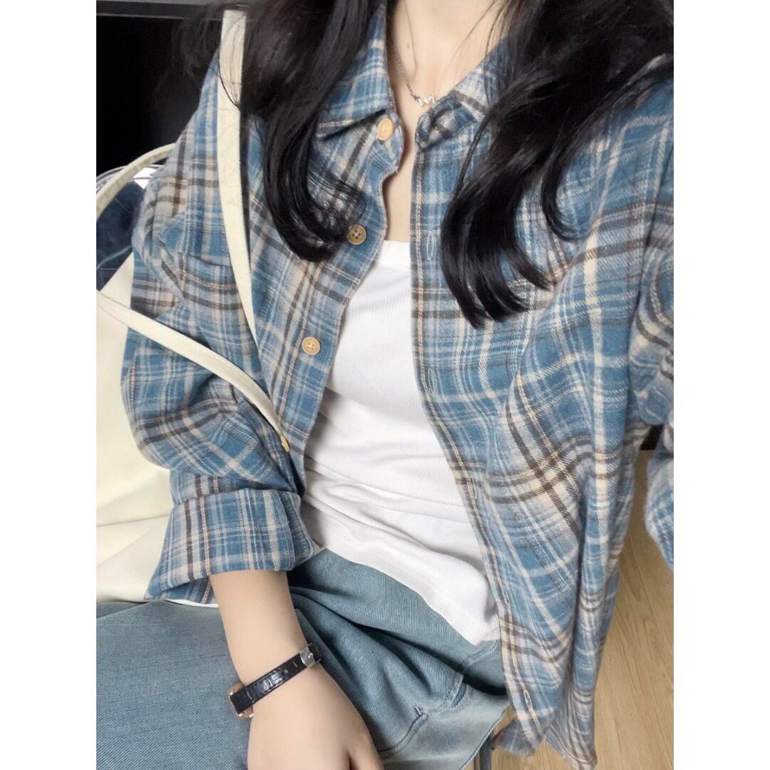 矮小个子蓝色格纹衬衫减龄百搭150CM长袖外穿开衫外套显瘦上衣XS