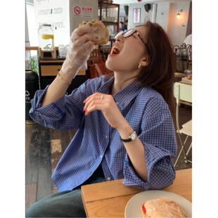 145矮小个子复古蓝色格子休闲长袖衬衫150CM学院风百搭上衣女春XS