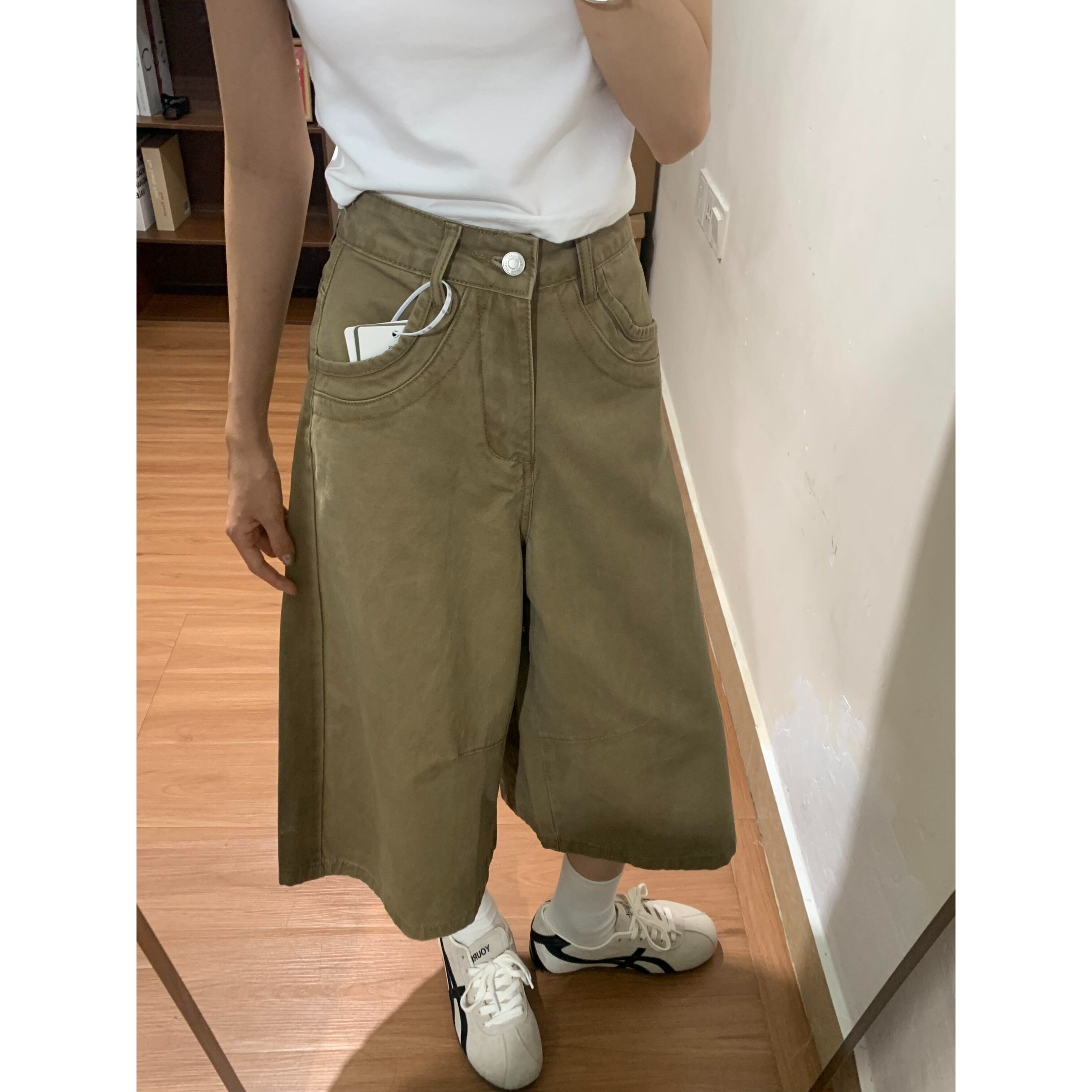 矮个子美式卡其色设计感牛仔短裤150高腰宽松bf慵懒风七分中裤xs