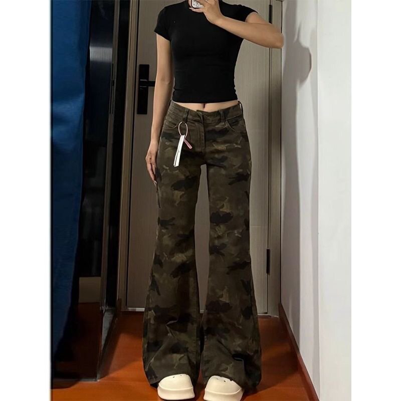 小个子美式辣妹迷彩微喇牛仔裤150cm低腰不贴腿宽松直筒喇叭长裤