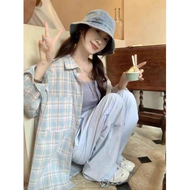 矮小个子150cm蓝色格子长袖衬衫复古百搭145外套设计防晒开衫衬衣