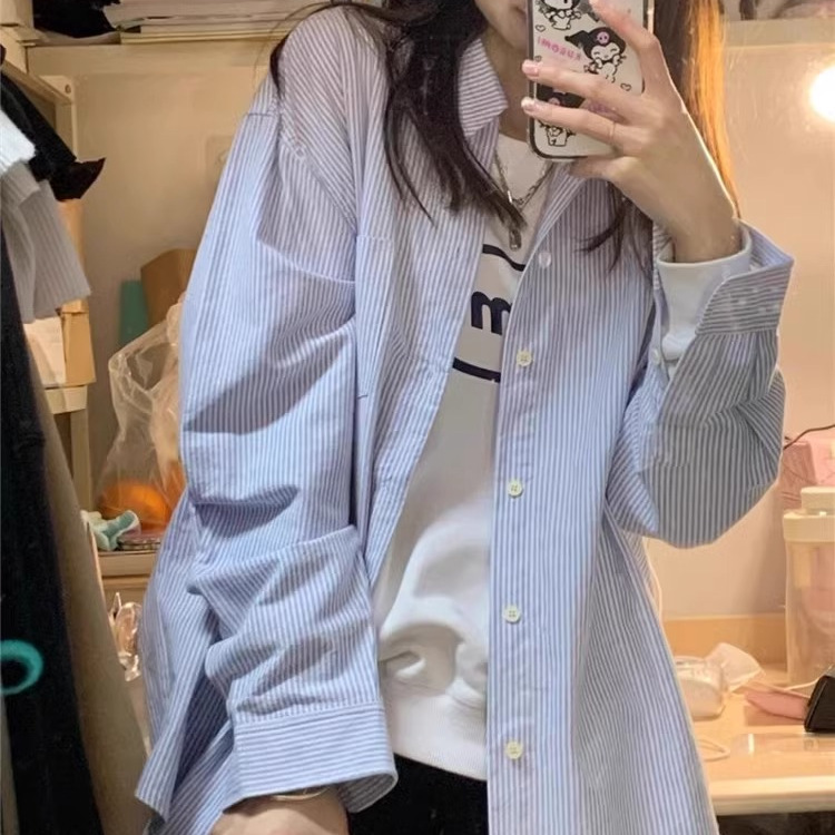 小个子150蓝色条纹衬衫女夏季薄款防晒开衫显瘦宽松衬衣休闲上衣