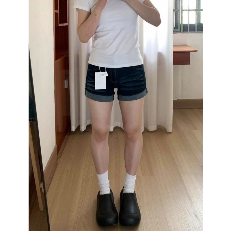 矮小个子辣妹高腰显瘦牛仔超短裤145cm深蓝色设计感卷边热裤XS女