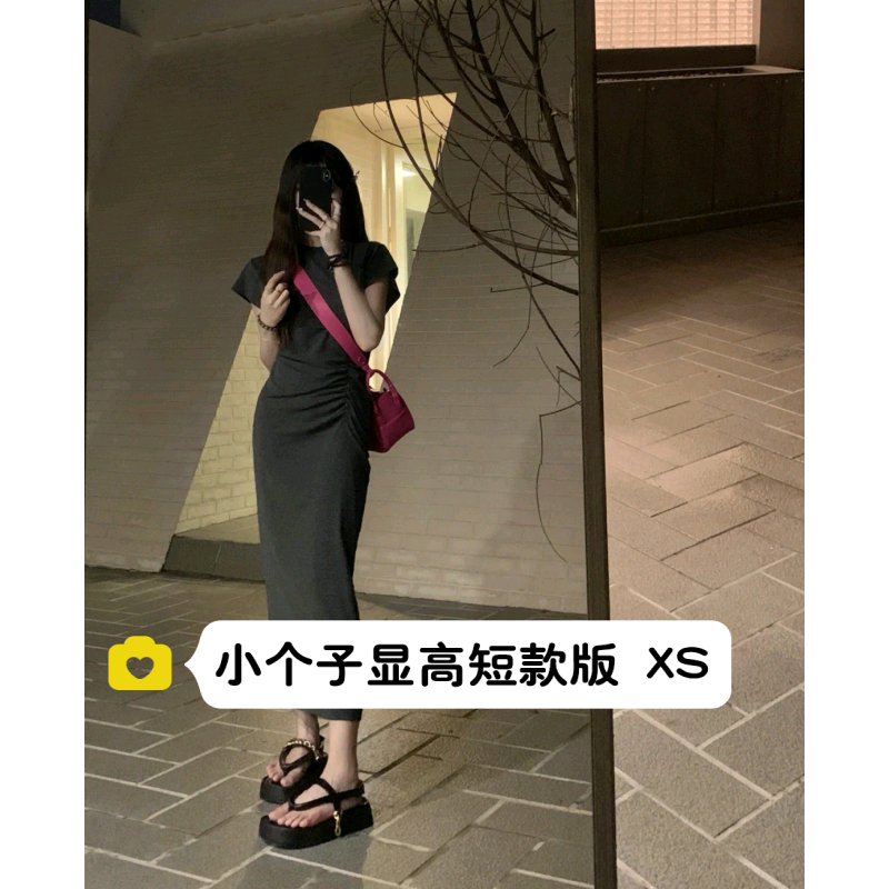 小个子150cm显高收腰直筒短袖高级感长款连衣裙包臀t恤裙xs码女夏