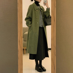 2024新款150小矮个子法式高级感绿色毛呢外套长款呢子大衣女xs冬