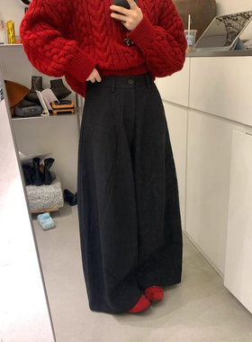 显瘦穿搭矮个子深灰色毛呢休闲阔腿裤145CM高腰宽松垂感弯刀裤XXS