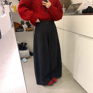 显瘦穿搭矮个子深灰色毛呢休闲阔腿裤145CM高腰宽松垂感弯刀裤XXS