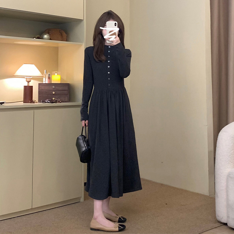 矮小个子深灰色针织连衣裙法式气质145CM收腰配大衣内搭中长裙XS