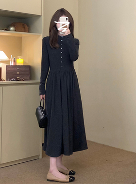 矮小个子深灰色针织连衣裙法式气质145CM收腰配大衣内搭中长裙XS