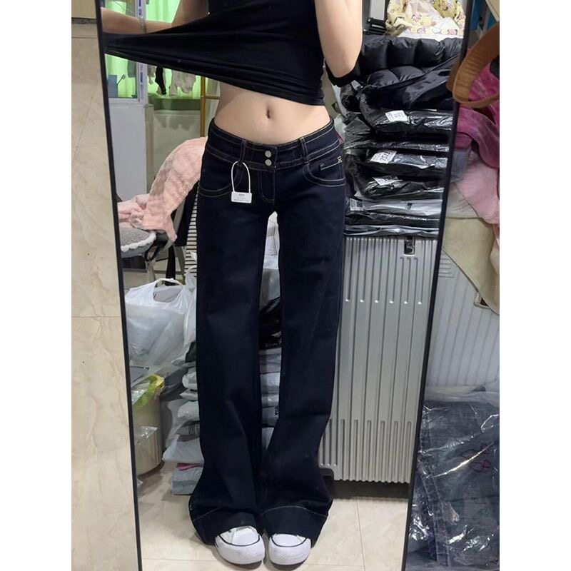 美式复古窄版微喇原牛牛仔裤女2026新款直筒微喇小个子低腰喇叭裤