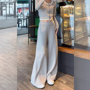 矮个子浅灰色休闲阔腿裤慵懒风裤145CM低腰垂感宽松拖地裤xxs女秋