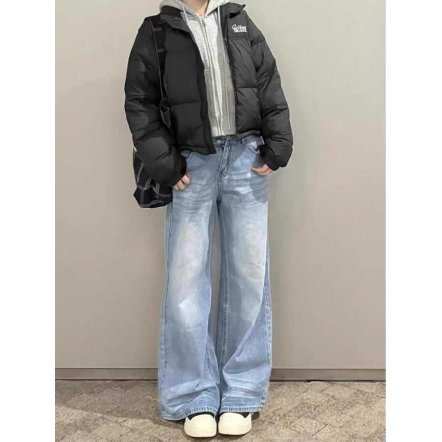 小个子浅色折痕牛仔裤复古百搭150CM高腰宽松显瘦直筒阔腿拖地裤