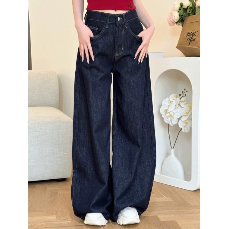 小个子美式深蓝色阔腿牛仔裤百搭显瘦150CM低腰宽松直筒裤拖地裤