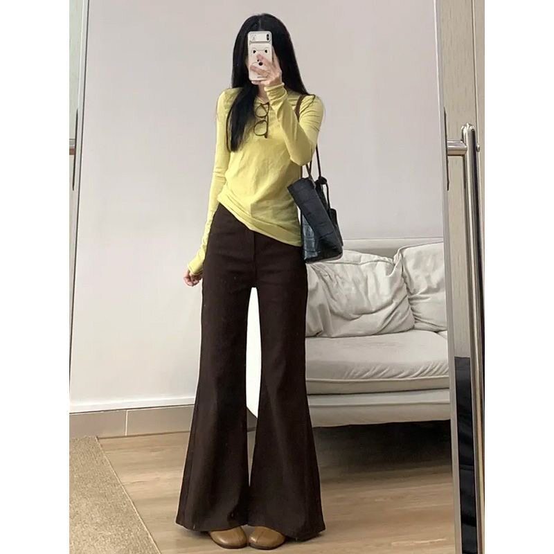 小个子美式辣妹咖色不贴腿微喇牛仔裤女秋季低腰宽松喇叭拖地长裤