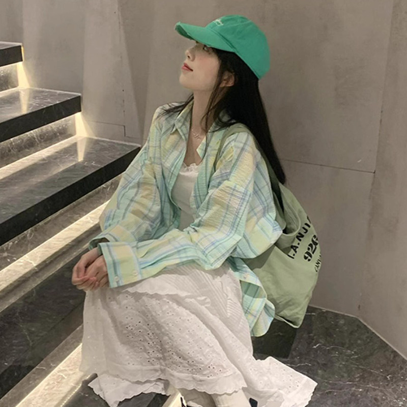 小个子韩版小清新薄荷绿格子防晒衬衫甜美薄款宽松休闲肌理感上衣