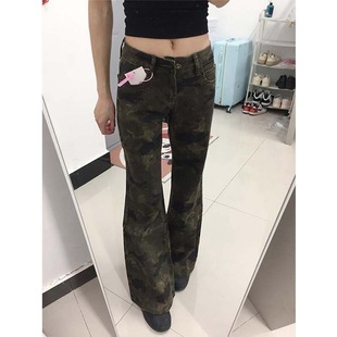 小个子美式工装迷彩微喇牛仔裤145CM低腰辣妹不贴腿拖地喇叭裤XS
