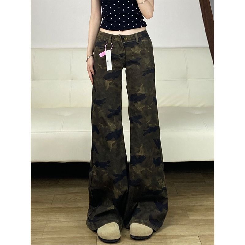 小个子美式迷彩微喇牛仔裤百搭显瘦150低腰辣妹垂感喇叭直筒长裤