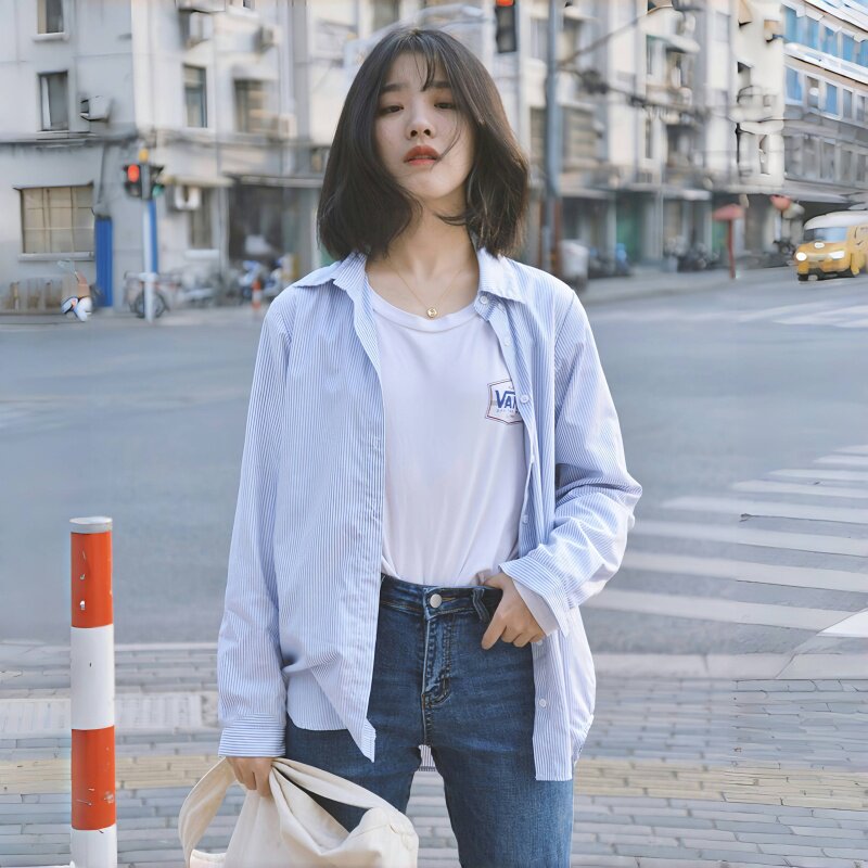 150小个子蓝色条纹防晒衬衫外套夏季设计感薄款开衫长袖上衣xs女