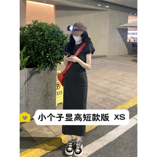 145小个子150cm显高过膝收腰气质直筒短袖长款连衣裙t恤裙xs码夏