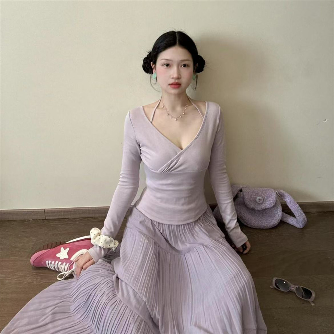 小矮个子145纯欲甜美套装女150早春紫色V领长袖百褶半身裙两件套