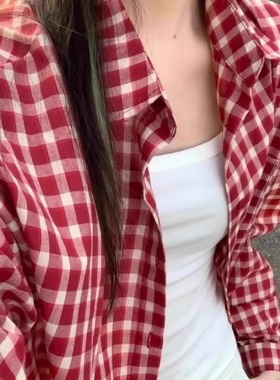 小个子150cm美式复古红色格子长袖衬衫慵懒风防晒休闲上衣外套xs
