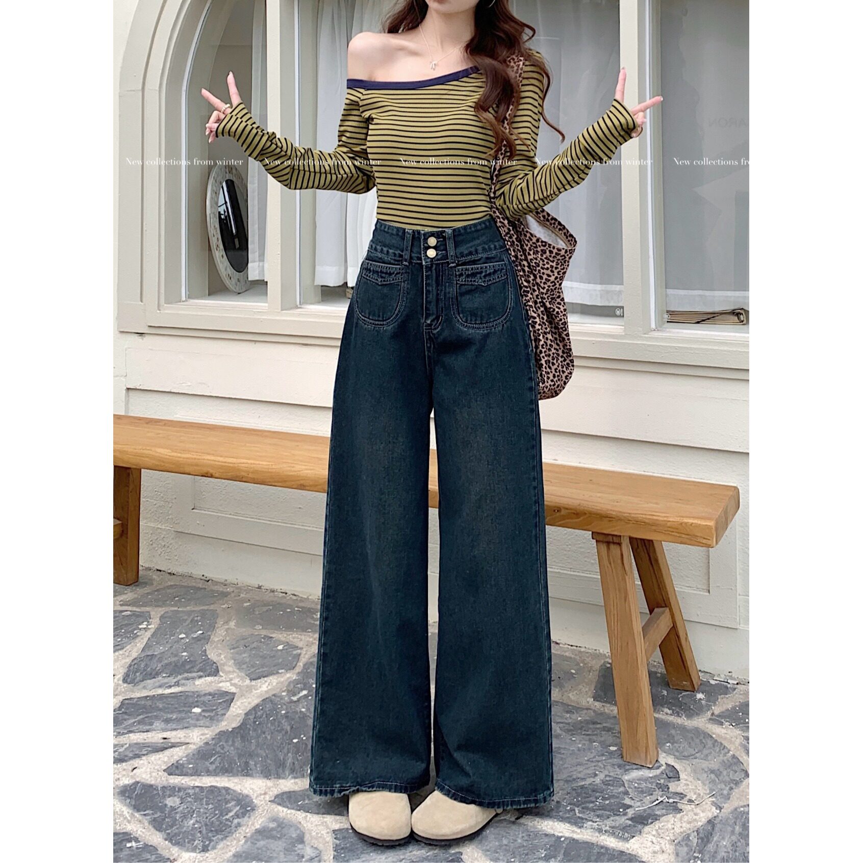 小个子复古深蓝色阔腿牛仔裤显高辣妹150高腰显瘦宽松直筒拖地裤