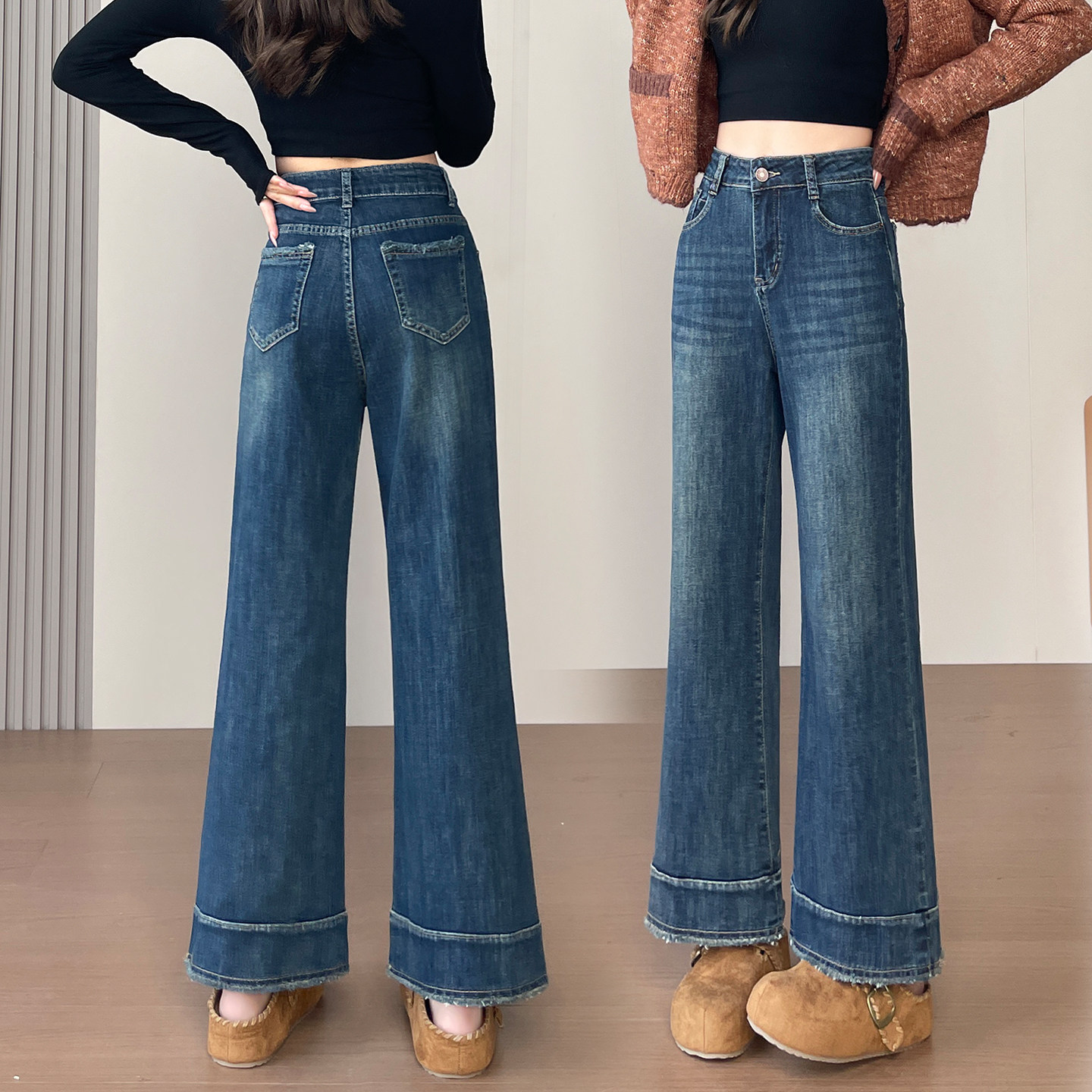 显瘦穿搭矮小个子复古喇叭牛仔裤150CM显高高腰宽松阔腿微喇裤女