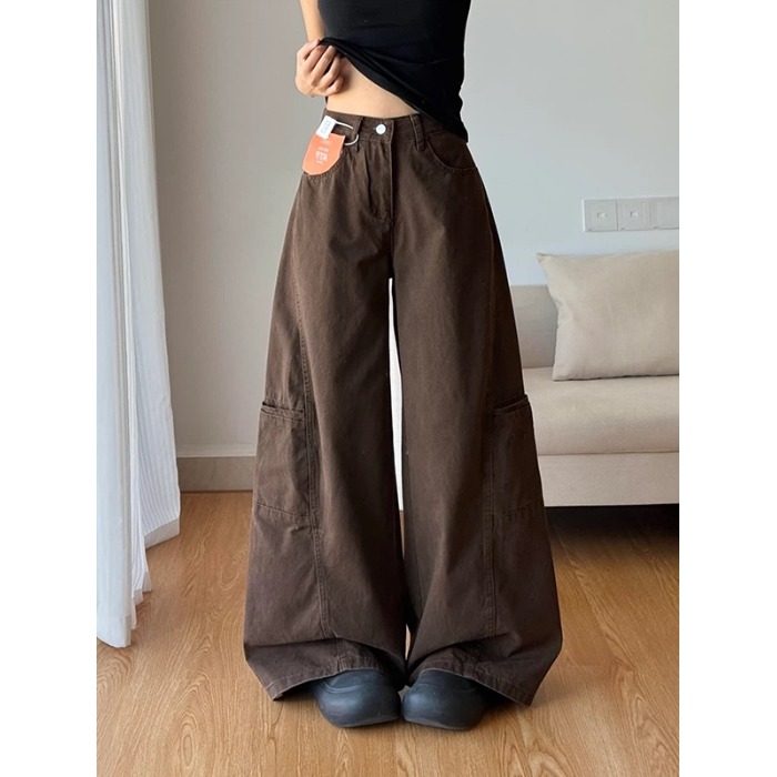 小个子美式复古咖色阔腿牛仔裤百搭显瘦高腰宽松直筒休闲工装裤女