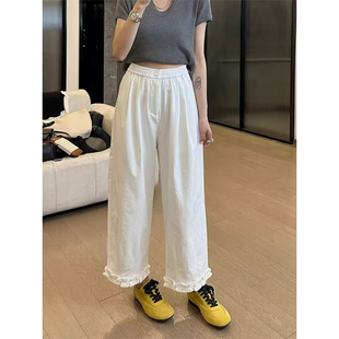 150CM小矮个子白色花边阔腿休闲裤减龄145高腰九分休闲直筒裤XS女