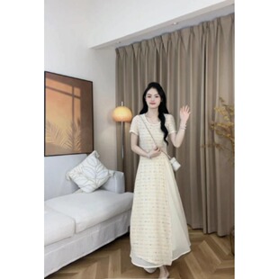 145小个子彩色点点开叉连衣裙女150夏季 温柔叠穿A字裙长裙两件套