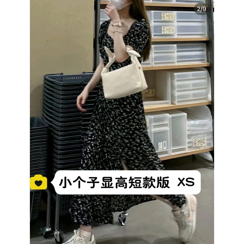 小个子法式方领茶歇碎花连衣裙女