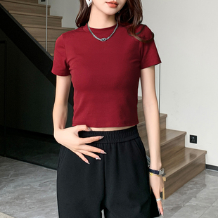 夏季新款圆领短款小个子上衣设计感小众高级感正肩短袖t恤女