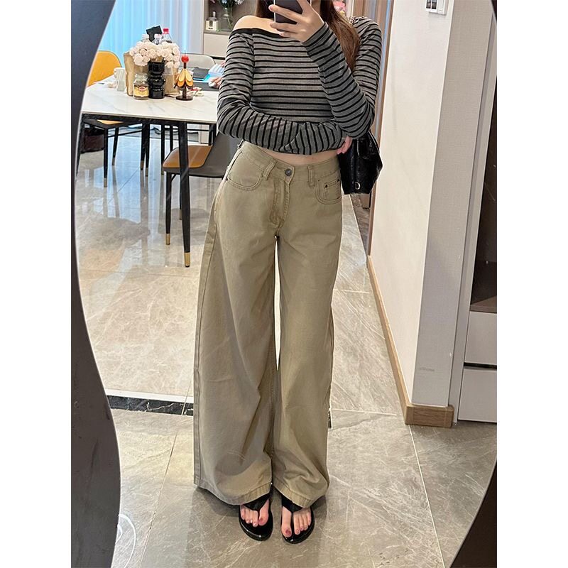小个子卡其色美式宽松阔腿牛仔裤150显高高腰垂感休闲直筒拖地裤