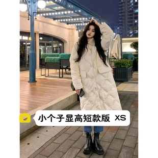 145小个子菱格棉服中长款女150矮个子韩版宽松毛领保暖外套xxs码