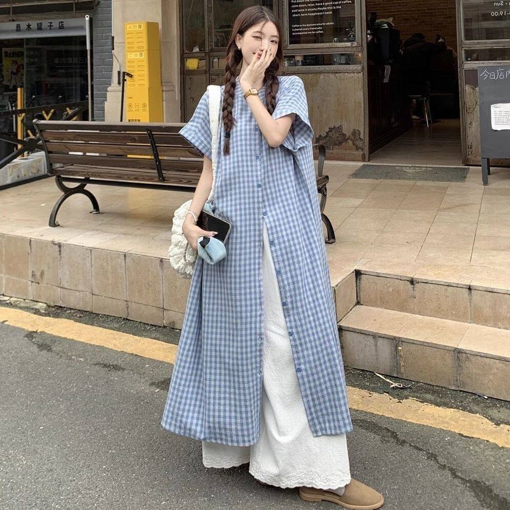 矮小个子145设计感短袖格子衬衫连衣裙宽松休闲长裤时尚套装女xs