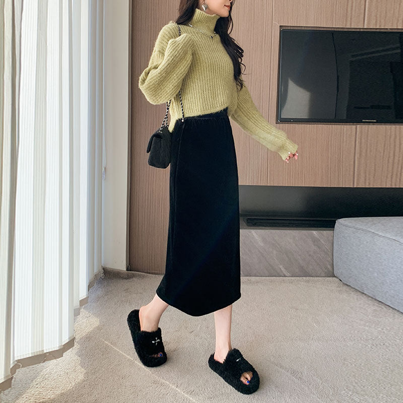 显瘦穿搭矮小个子后开叉金丝绒半身裙150cm高腰加绒直筒a字裙秋冬