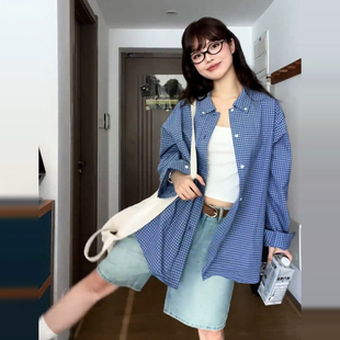 150CM蓝色长袖衬衫外套设计感百搭矮小个子POLO领格子衬衣上衣XS