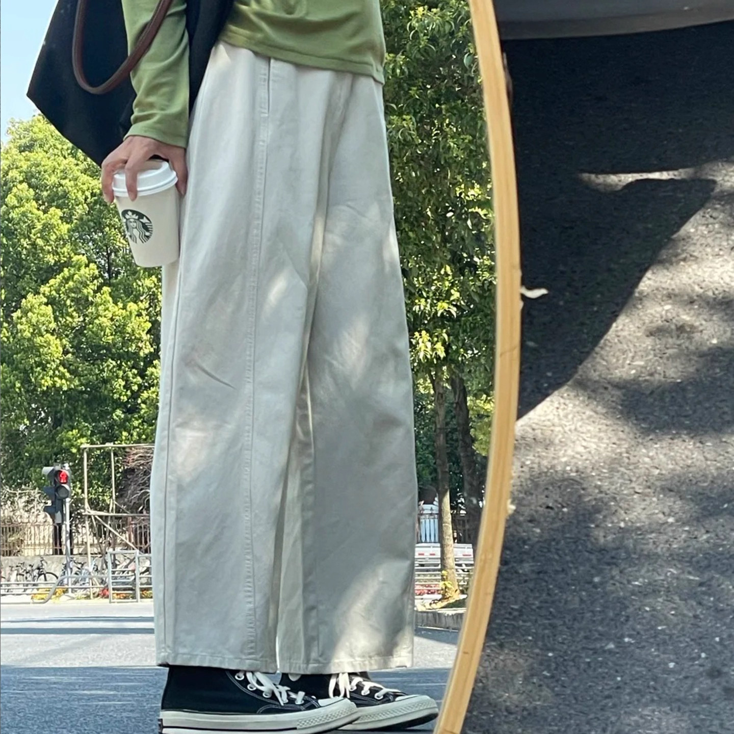 小个子慵懒高腰米白色阔腿裤秋冬145高腰显高百搭萝卜直筒哈伦裤