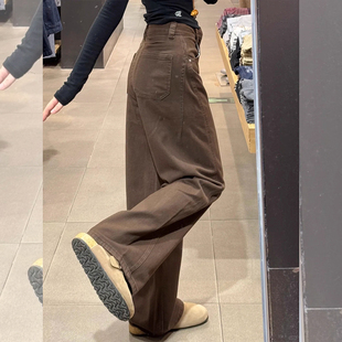 秋冬季矮小个子咖色直筒裤加绒加厚弯刀裤145高腰窄版阔腿牛仔裤