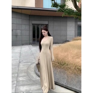 150小个子燕麦色修身 连衣裙百搭显瘦内搭145CM针织中长裙气质女XS