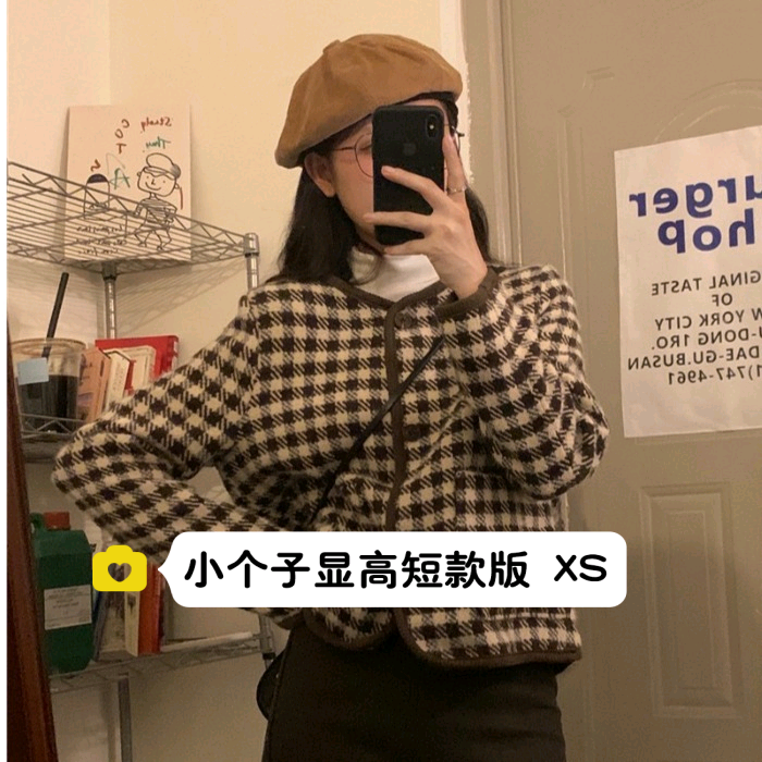 145小个子显高千鸟格女毛呢外套