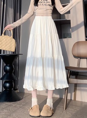 145cm矮小个子高腰荷叶边白色蛋糕裙半身裙垂感a字伞裙中长款裙XS