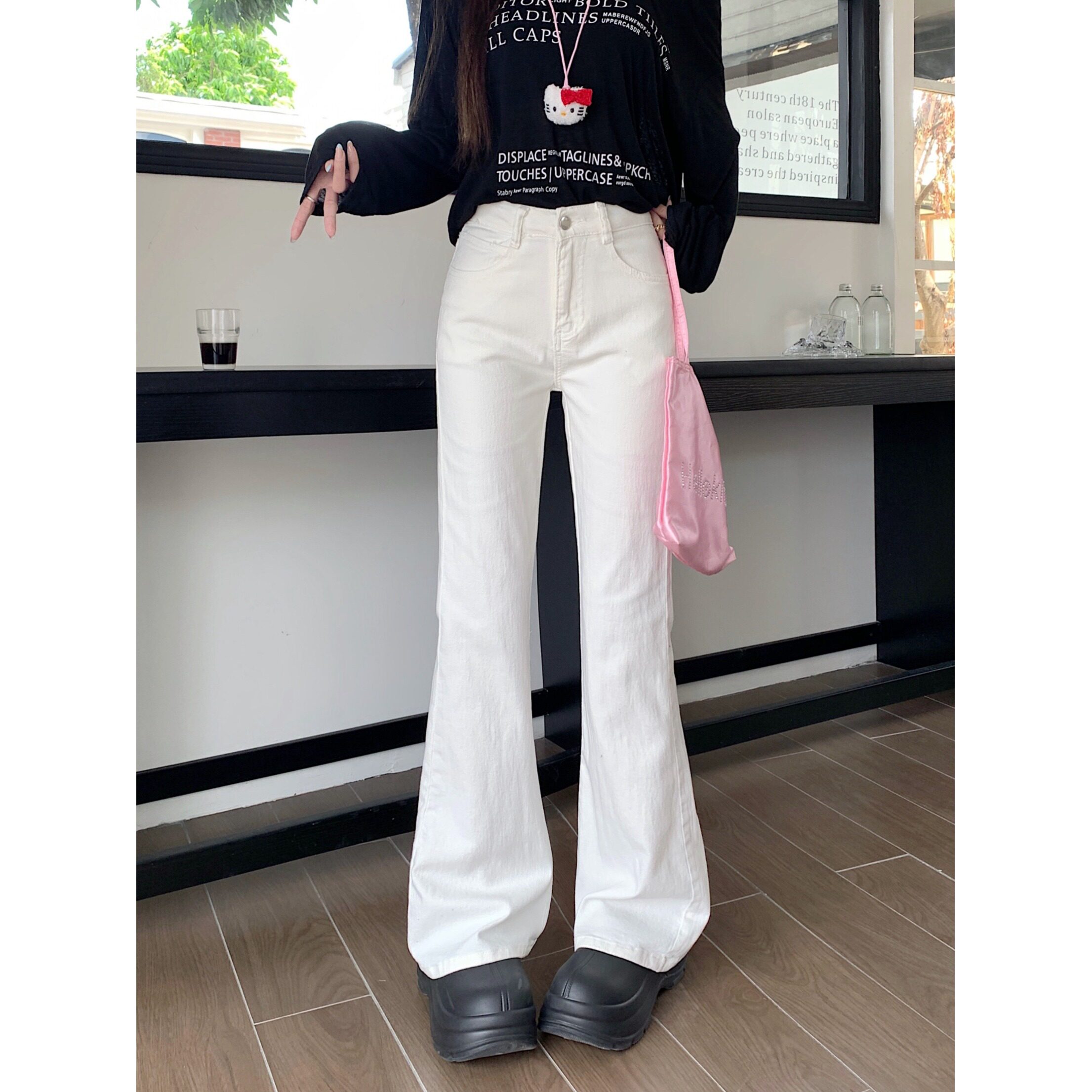 小个子145cm高腰微喇牛仔裤女百搭弹力白色设计感阔脚拖地长裤子