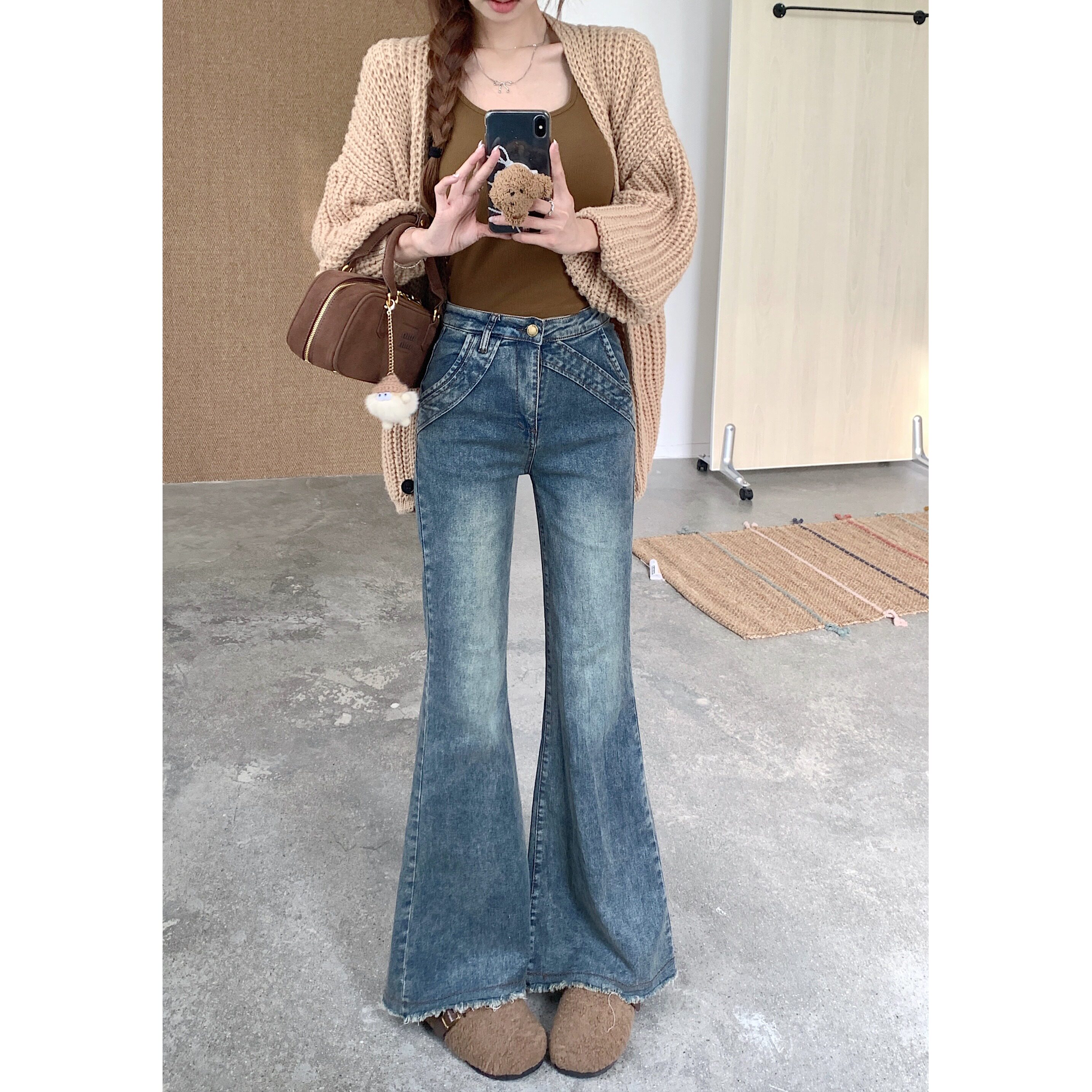 小个子145中低腰复古设计感毛边微喇叭牛仔裤女显瘦辣妹拖地长裤