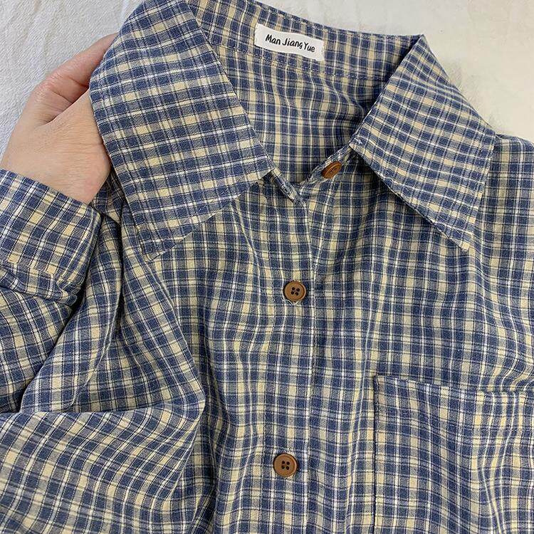 145矮小个子复古蓝色格子长袖衬衫宽松防晒外穿上衣百搭外套xs夏
