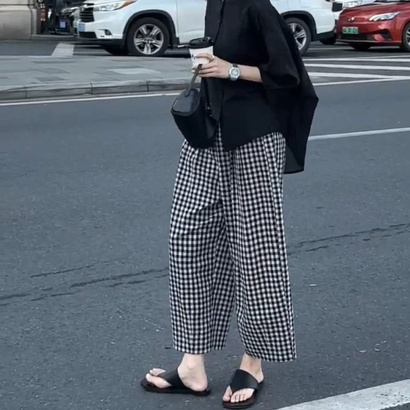 矮个子黑白格子阔腿哈伦裤百搭减龄145高腰宽松显瘦直筒休闲裤xxs