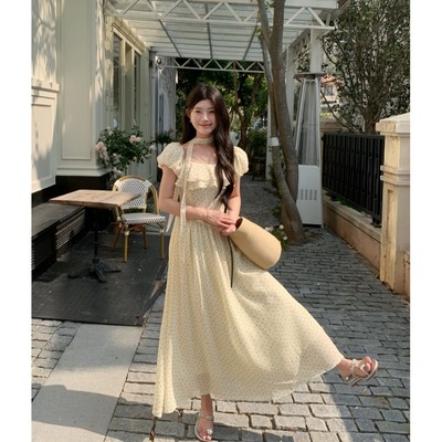 145小个子150夏季法式一字肩短袖波点连衣裙显瘦温柔气质长裙女xs