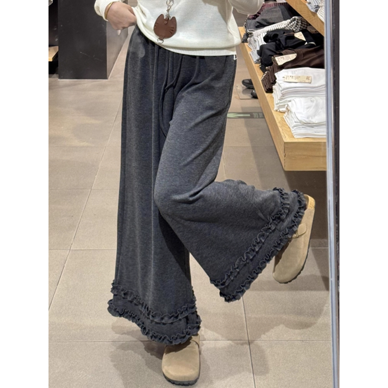 150CM小个子显高深灰色花边针织阔腿糯米裤显瘦慵懒毛巾休闲裤子